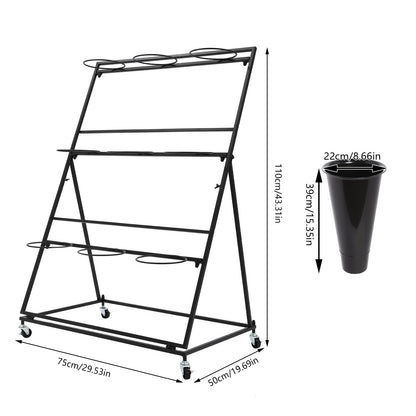 lxrnqcey Flower Display Stand, Moving Plant Cart Shelf Indoor Outdoor Flower Rack with 9Pcs Buckets, 3 Layers Metal Plant Holder with Wheels for Patio Balcony Garden (Black)