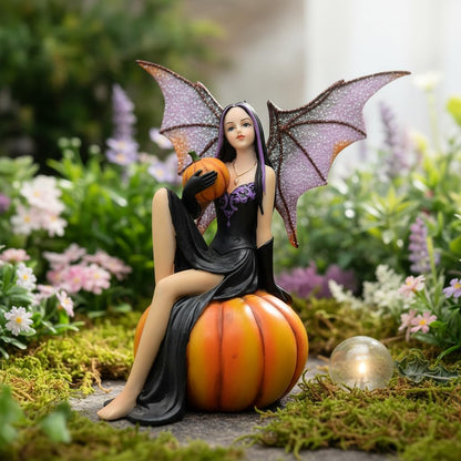 Comfy Hour 5.9" Resin Halloween Pumpkin Fairy Figurine, Gothic Dark Fantasy Sorceress Statue with Bat Wings, Mystical Antique Style Home Decor