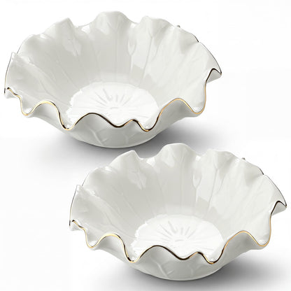 Ferrochef 2 Pack White Lotus Ceramic Decorative Bowls 7.48 x 2.56 Inch Ruffle Lotus Leaf Scalloped Bowl with Gold Trim for Coffee Table Counter Keys Coins Catchall