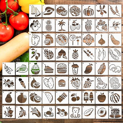 64Pcs Fruit Stencils for Painting, Reusable Vegetable Stencils Crafts Drawing Templates, Art Painting on Wood Wall Canvas,Fru & Veg Plastic Stencil for DIY Fabric Rock Home Decor (3 X 3 Inch)