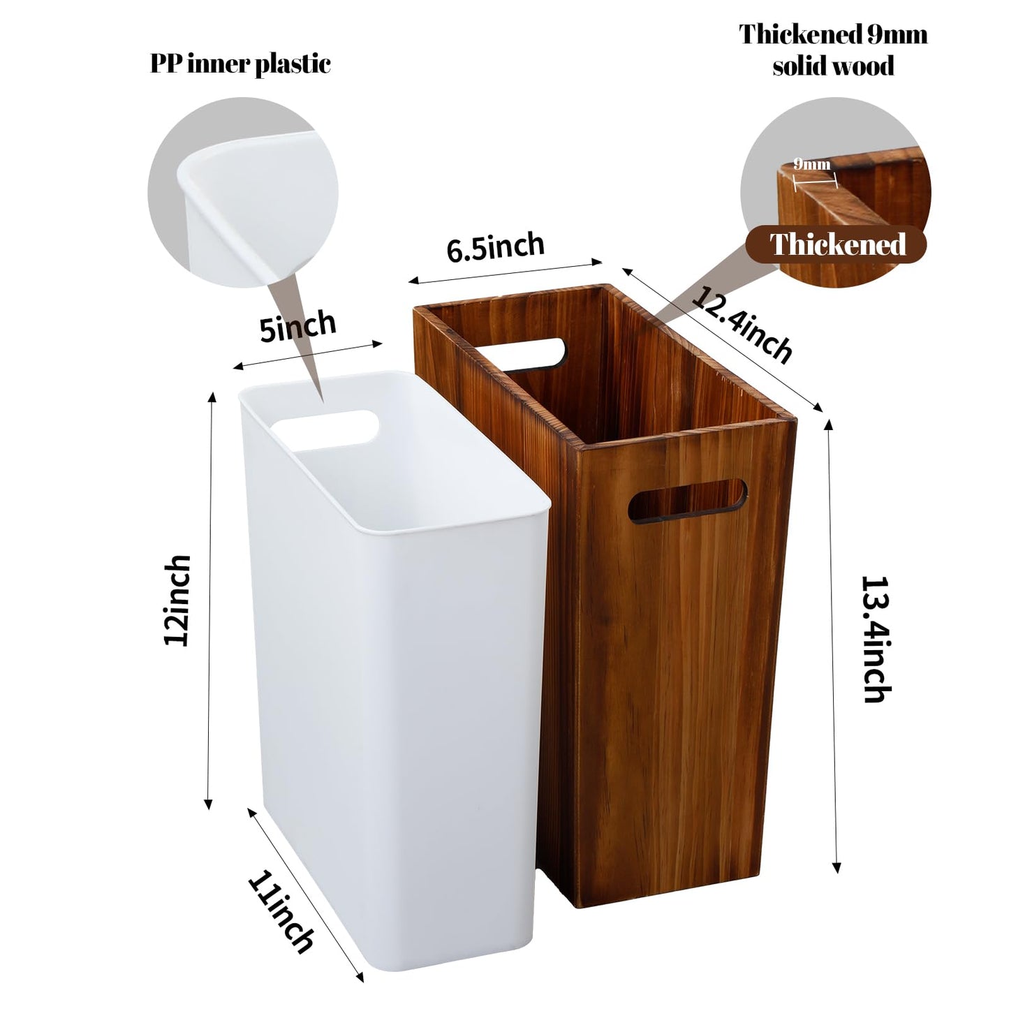 Coeusy 3 Gallon Wooden Trash Can with Liner,Small Solid Wood Bathroom Trash Can,Narrow Garbage Can,Decorative Waste Basket for Bathroom,Bedroom,Office