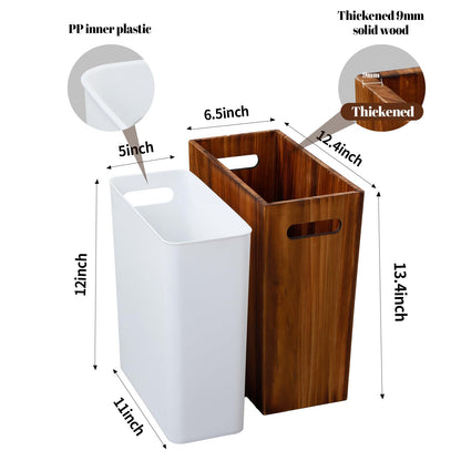 Coeusy 3 Gallon Wooden Trash Can with Liner,Small Solid Wood Bathroom Trash Can,Narrow Garbage Can,Decorative Waste Basket for Bathroom,Bedroom,Office