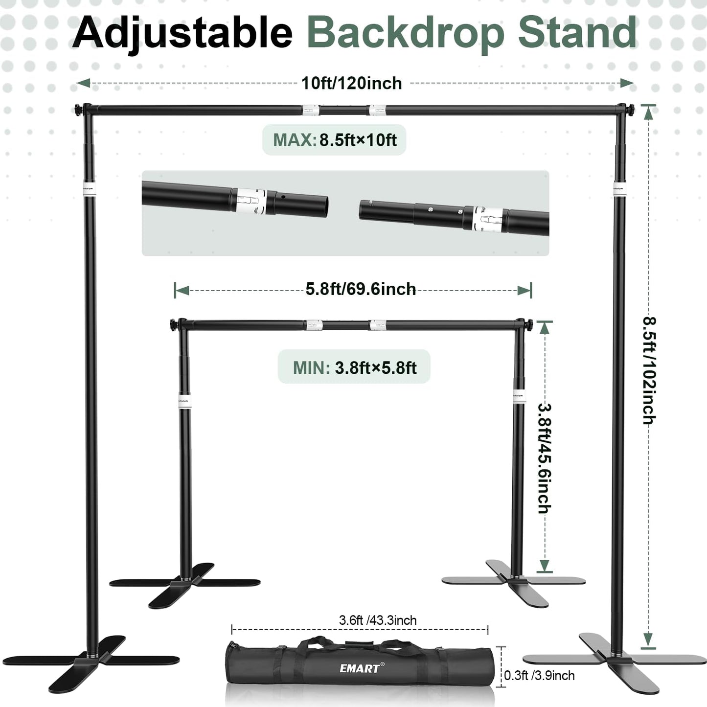 EMART Pipe and Drape Backdrop Stand Kit 8.5x10ft, Heavy Duty Back Drop Adjustable Stand with X-Shaped Base, Metal Background Frame for Parties Wedding Birthday Decoration Photography Photo Booth Video