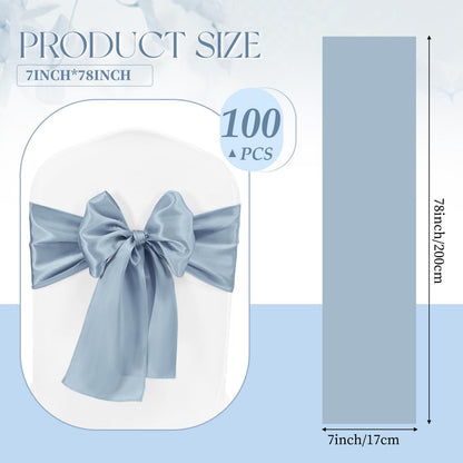 Lykoow 100 Pcs Satin Chair Sashes 78 inch for Wedding Reception Party Hotel Home Kitchen Decoration-Dusty Blue