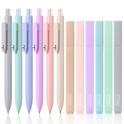 Piochoo Highlighters and Pens Set, 6 Aesthetic Highlighters and 6 Black Ink Gel Pens Fine Point Tip for Women Nurse Bible Study, Journaling, School and Office Supplies