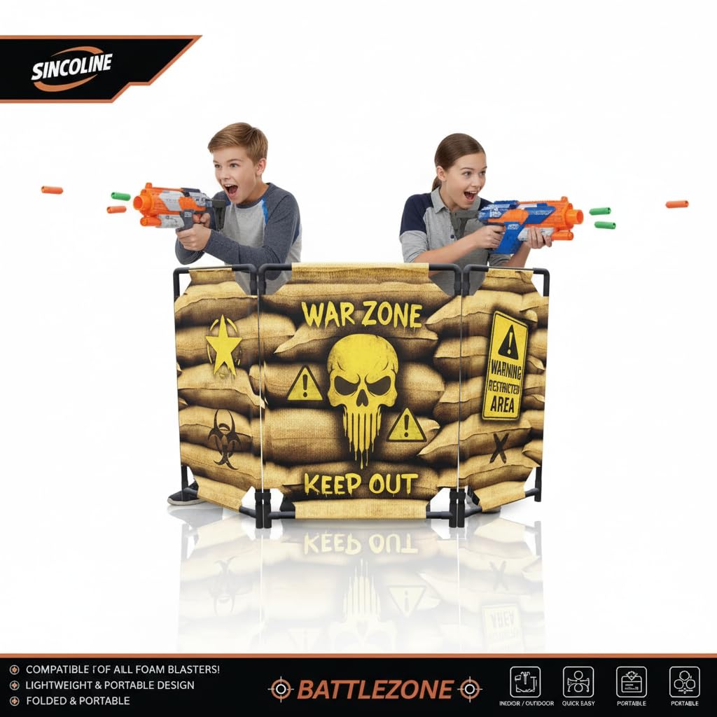 2-Pack Tactical Bunker & Foldable Battlefield Obstacles 59x34” Combat Battle Zone Fort, Compatible with Laser Tag, Foam Blaster, Birthday Activities, Party Supplies + Interactive Target Board