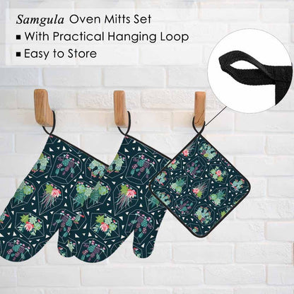 Samgula Green Plant Oven Mitts and Pot Holders Sets Succulents Cactuses in Glass Terrariums Heat Resistant 3pcs for Cooking Baking BBQ