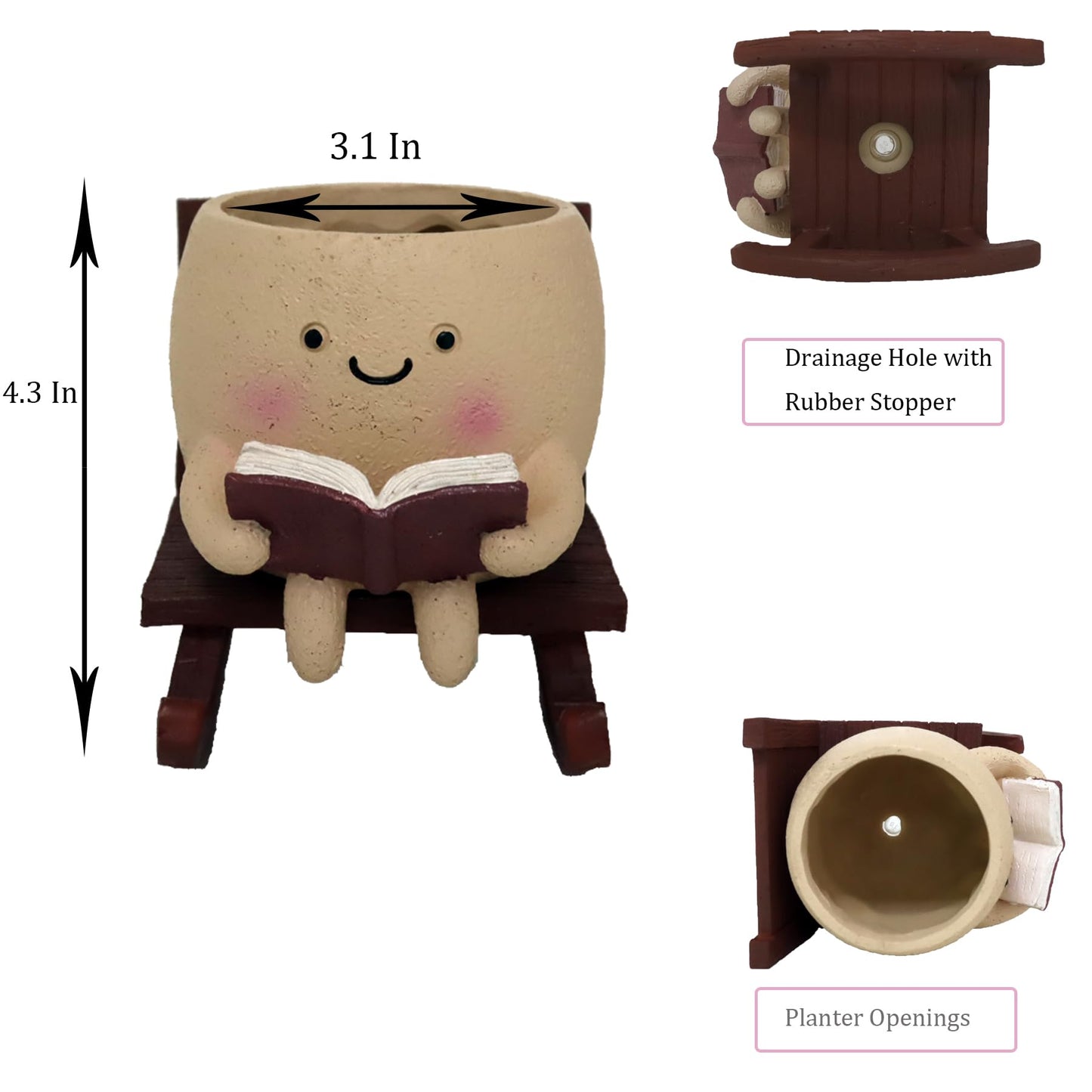 Dolkgy Cute Face Planters Succulent Pots, Funny Rocking Chair Reading Head Flower Planter Cactus Pot with Drainage Hole for Indoor Outdoor Plants, Unique Plant Lover Gifts