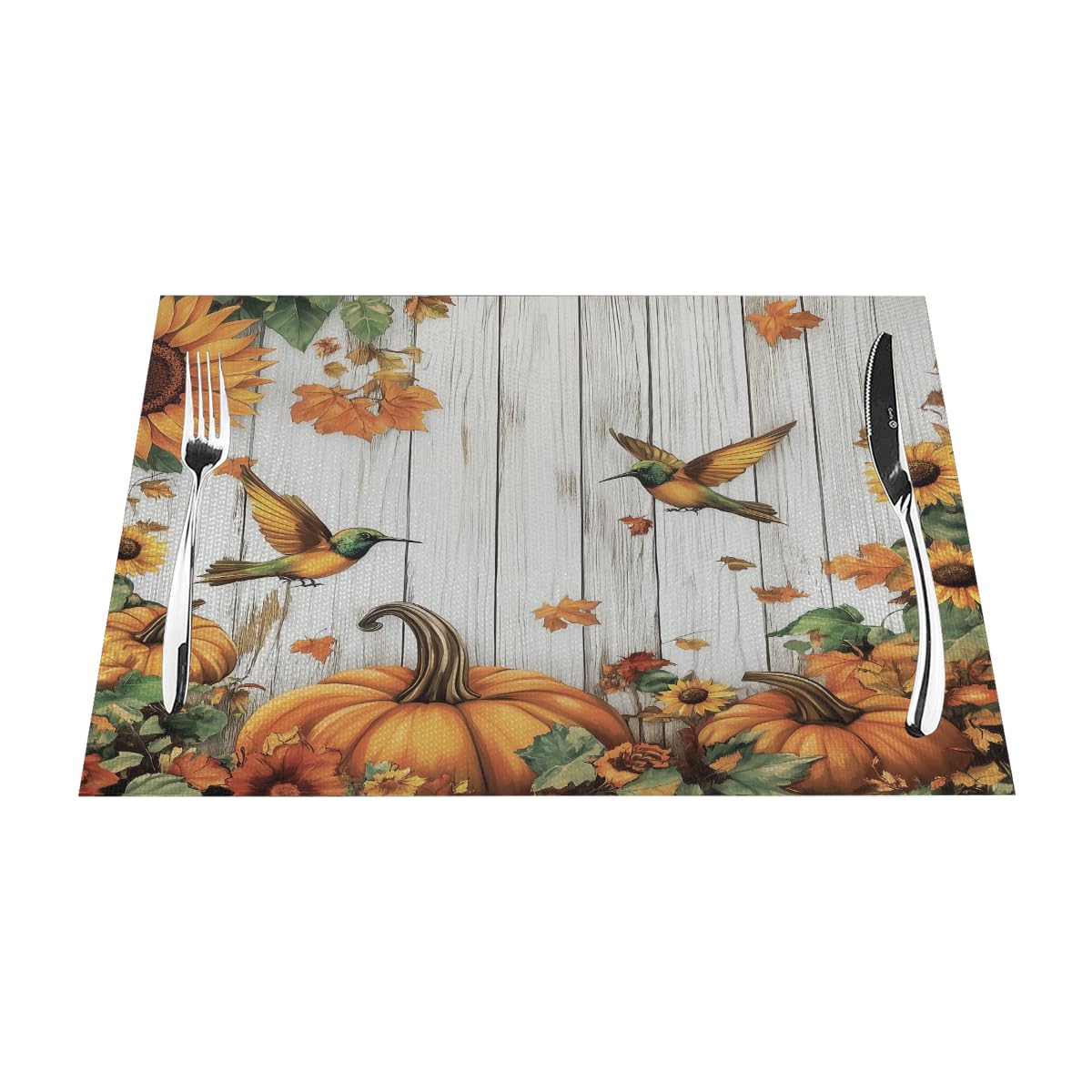 Thanksgiving Day Vinyl Placemats Set of 4 for Dining Tables,Fall Pumpkin Bird Sunflower on Wood Kitchen Table Mats Heat Resistant Washable Wipeable PVC Place Mat for Indoor Outdoor Seasonal Party