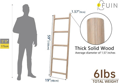 FUIN Fully Assembled 5ft Wood Blanket Ladder Living Room Decorative Wall Leaning Farmhouse Quilt Display Holder Rustic Wooden Towel Rack for Bathroom, Natural & Graywashed