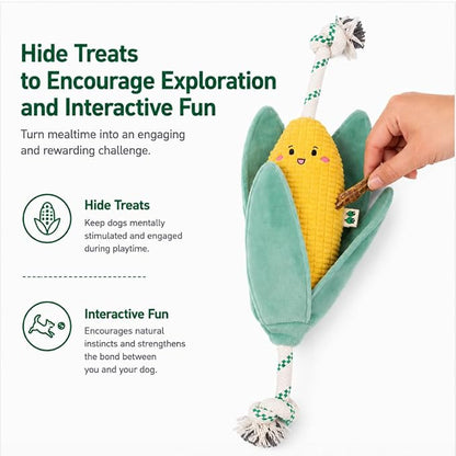 Green Sheep Interactive Plush Dog Toy, No Stuffing Squeaky Toy with Recycled Cotton Rope for Medium to Large Dogs, Corn