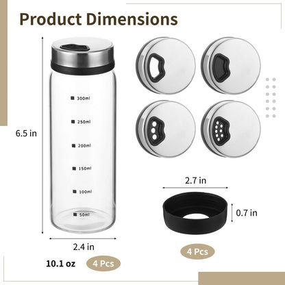 4 Pcs Salt and Pepper Shakers, 350ml Glass Spice Bottles with Adjustable Pour Holes, Spice Dispensers with Non-Slip Silicone Bases, Seasoning Jars with Rotating Steel Lids for Kitchen