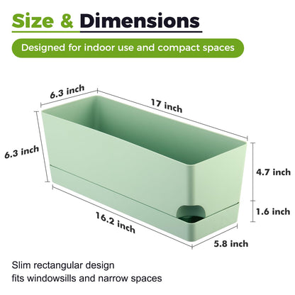 2 Pack Self Watering Pots for Indoor Plants 17 Inches Window Boxes Planters Rectangular Flower Pots Rectangle Herb Pots Large Plant Pots with Drainage Holes and Saucers Windowsill Planter, Green