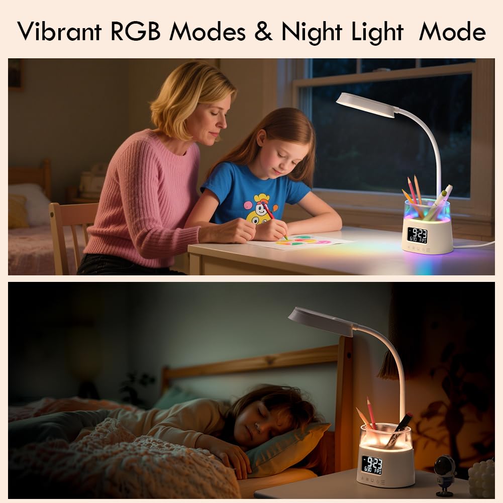 WILIT LED Desk Lamps for Home Office with Pen Holder, Table Lamp for Bedroom with USB Charging Port & Clock, RGB Night Light, Study Lamp for Kids Girls, Desk Light for College Dorm Room Essentials