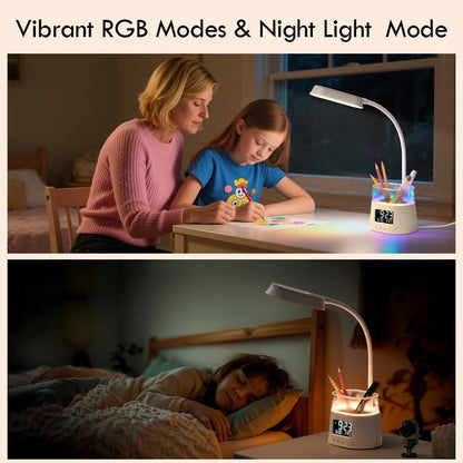 WILIT LED Desk Lamps for Home Office with Pen Holder, Table Lamp for Bedroom with USB Charging Port & Clock, RGB Night Light, Study Lamp for Kids Girls, Desk Light for College Dorm Room Essentials