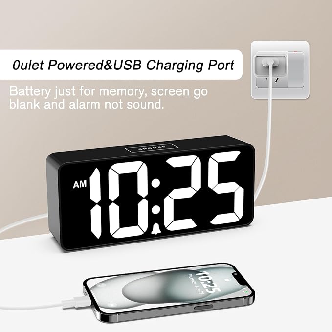 Welgo Senior Friendly Digital Alarm Clock, 7.5 Inches Large Display, Easy to Ues, Fully Range Brightness, Adjustable Volume, Convenient USB Charging Port for Bedside