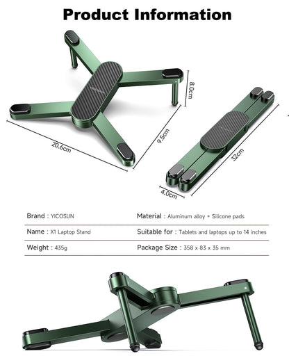 YICOSUN New Concept Laptop Stand - Adjustable Ergonomic Aluminum Riser for MacBook Pro/Air up to 15.6” - Foldable & Portable Computer Stand for Desk, Students, Office, Travel, Gaming - Green
