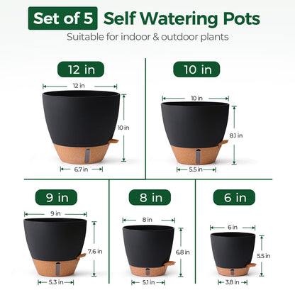 T4U 5 Pack Self Watering Pots (6"+8"+9"+10"+12") - Water Level Indicator & Deep Reservoir, Mess-Free Planters for Busy People, Beginners & Gardeners, Fit Most Plants, Indoor Outdoor Use (Black)