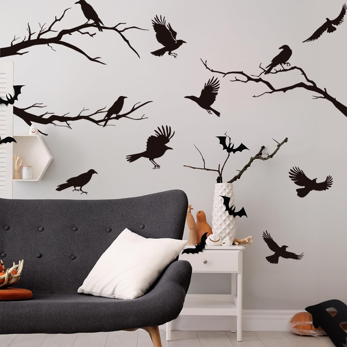 Raven Peel and Stick Wall Stickers - Black Crows, Winter Branches, Halloween Tree Branch Designs - Removable Vinyl Decals