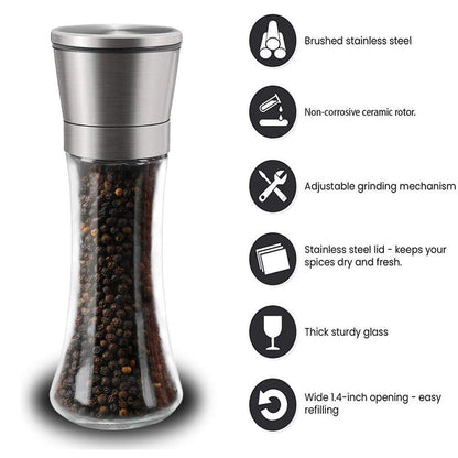 Salt and Pepper Grinder Set, 2-Piece Set, Stainless Steel Material, Adjustable Granularity, Sea Salt Grinder and Pepper Grinder Can Be Refilled, With Stand and Cleaning Brush
