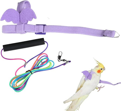 Pet Parrot Bird Harness and Leash, Adjustable Training Design Anti-Bite, Bird Nylon Rope with Cute Wing and Colorful Leash for Parrots Lovebird Cockatiel Conure Budgie (Purple with 118.1inch Leash,L)