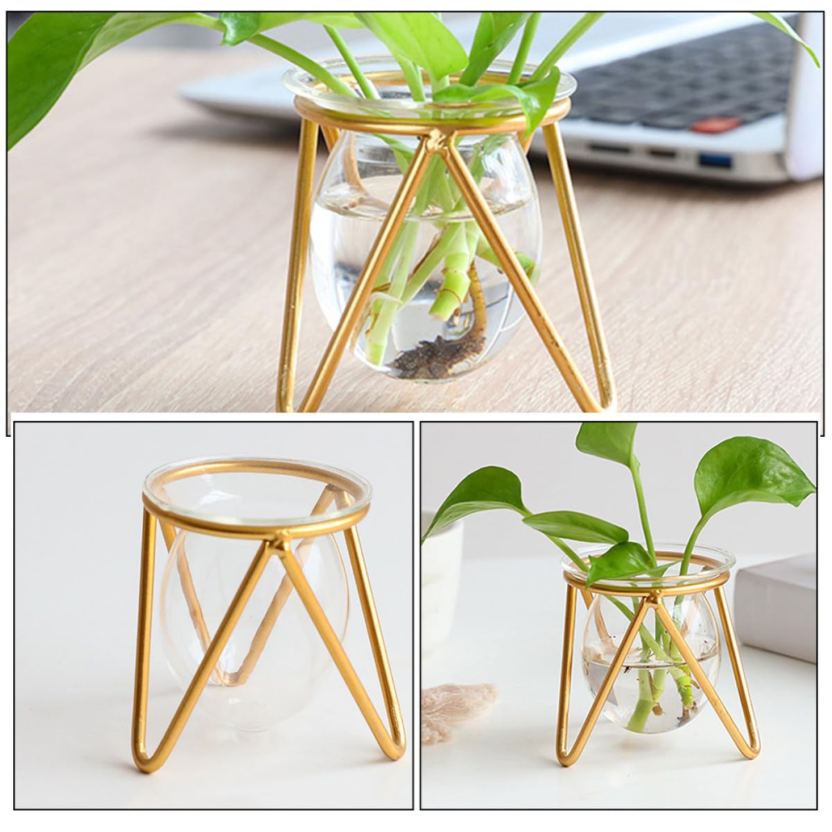 NULYLU Glass Flower Holder with Metal Stand, Small Gold Hydroponic Plant Pot Terrarium Vase for Desk and Office Decor, Decorative Succulent and Green Plant Container
