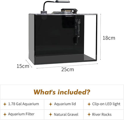 Rise Torrent Glass Fish Tank, 1.78 Gallon Betta Fish Tank Aquarium Starter Kit with Filter and Light, Small Desktop Aquarium Kit for Betta, Goldfish, Small Fish or shrimg