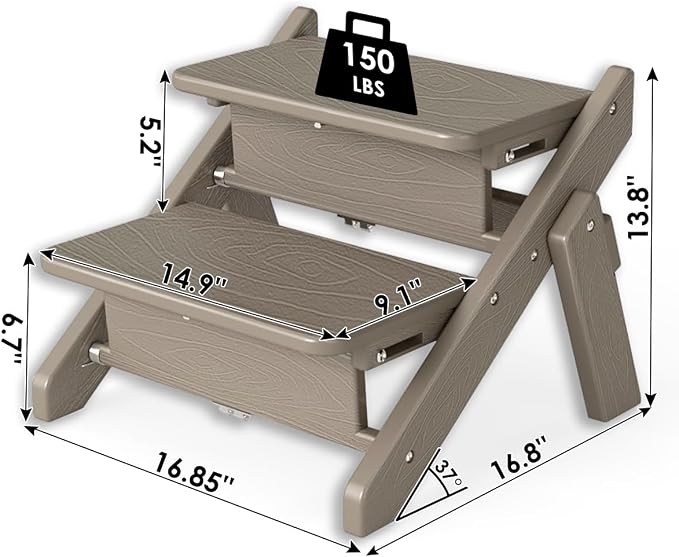 Dog Stairs and Steps, HDPE Plastic Wood Grain, 2-in-1 Foldable Pet Ramp for Small and Medium Dogs and Cats, for Bed Couch and Car, No Assembly Required, Supports Up to 150lbs