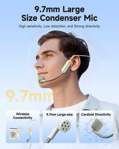 7RYMS WA1 Wireless Voice Amplifier with Headset Microphone for Teachers, Personal Power Amplifier with Noise Canceling, 164ft Range, 23H Working, Microphone Speaker for Teaching, Speech, Yoga(White)