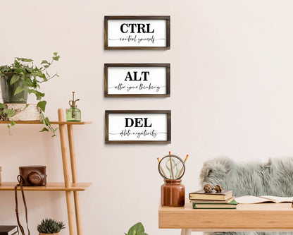 Pinetree Art Motivational Wall Decor for Office, Set of 3 Rustic Wooden Framed Signs, CTRL ALT DEL Inspirational Wall Art for Home Office, Classroom, Desk Wall, Positive Mindset Decor, (6"x12"x3)