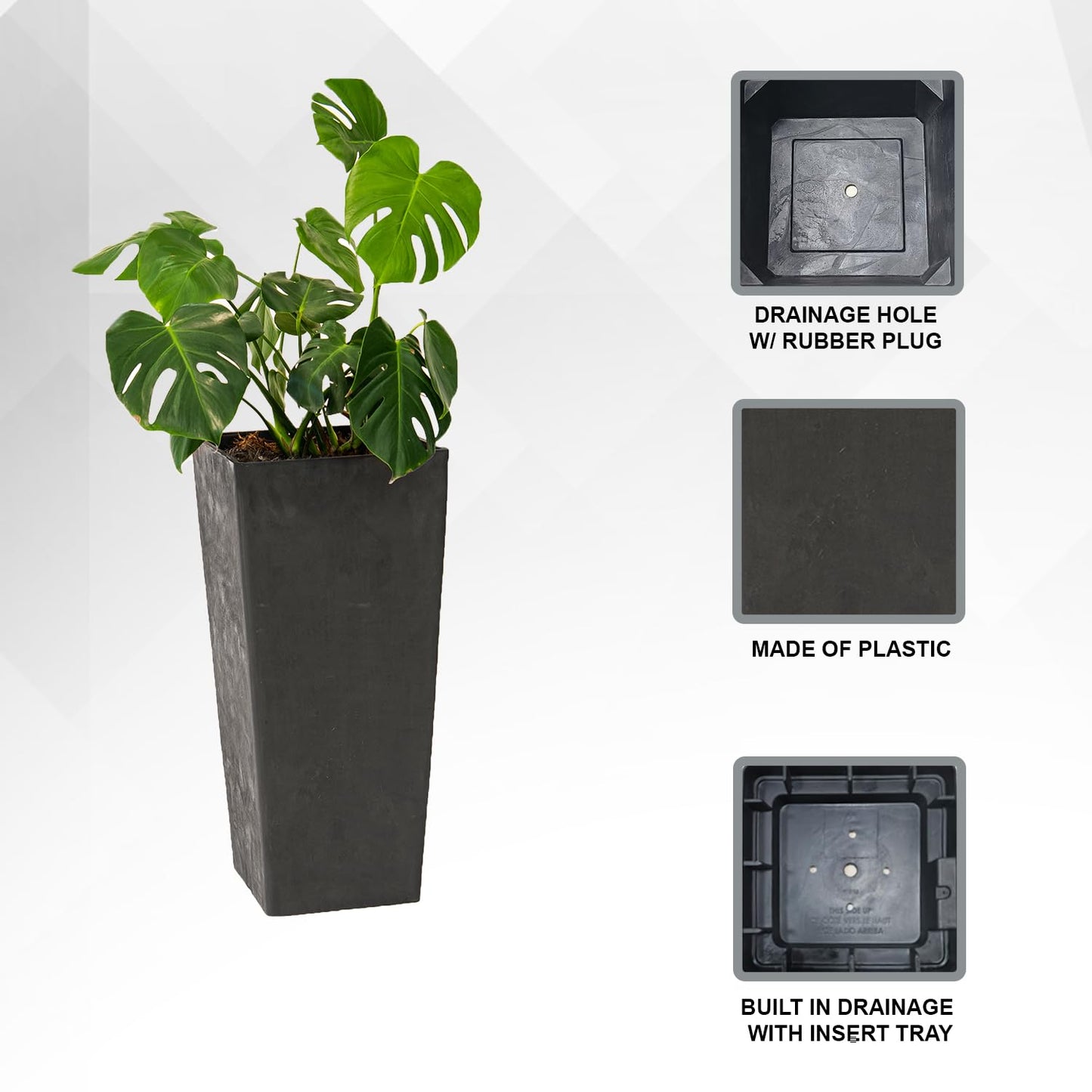 XBrand Modern 28-Inch Tall Square Planter, Tapered Design for Indoor & Outdoor Use, Patio Decor, Set of 2, Black