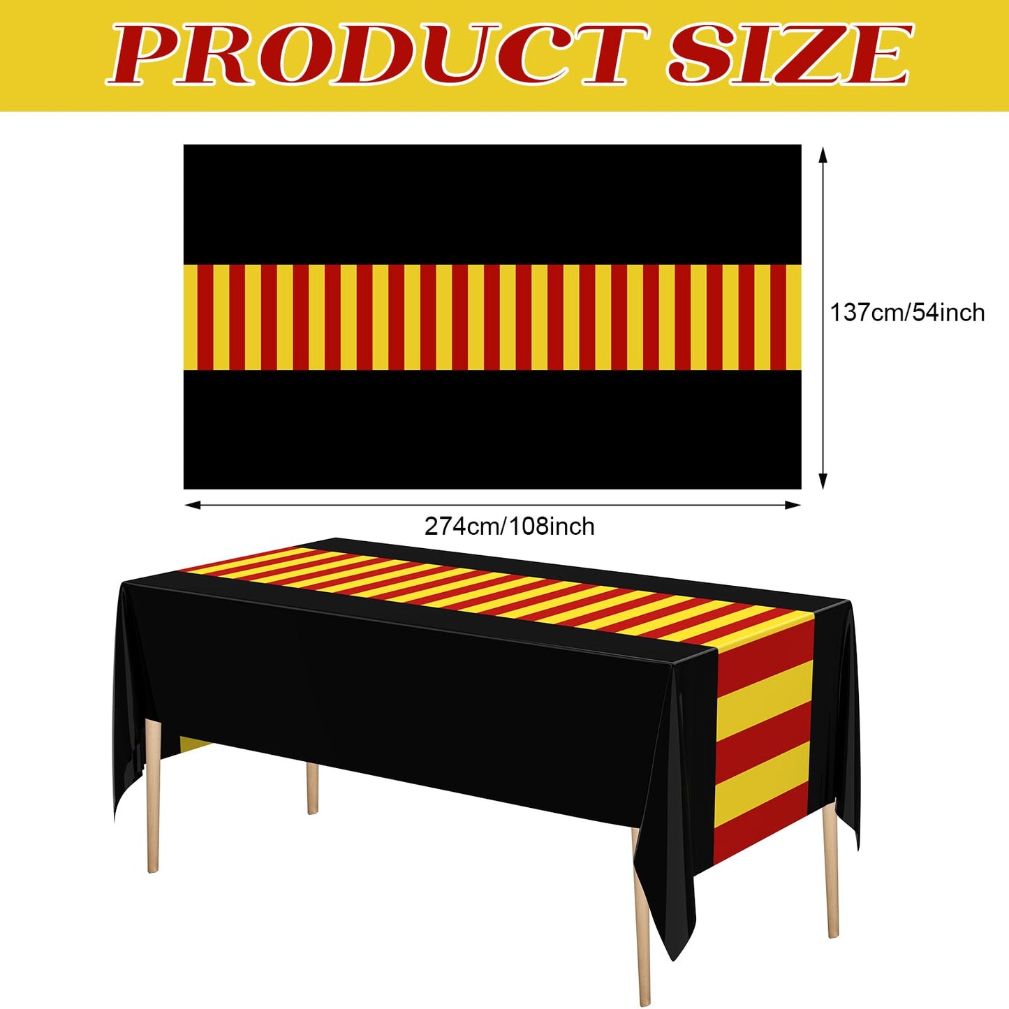 Oudain 3 Pcs Wizard Tablecloth 54 x 108 Inches Plastic Black Table Cover Red Golden Tablecloth Disposable Magical Party Supplies for Halloween Witch Birthday Party Decoration (Black Stripes)