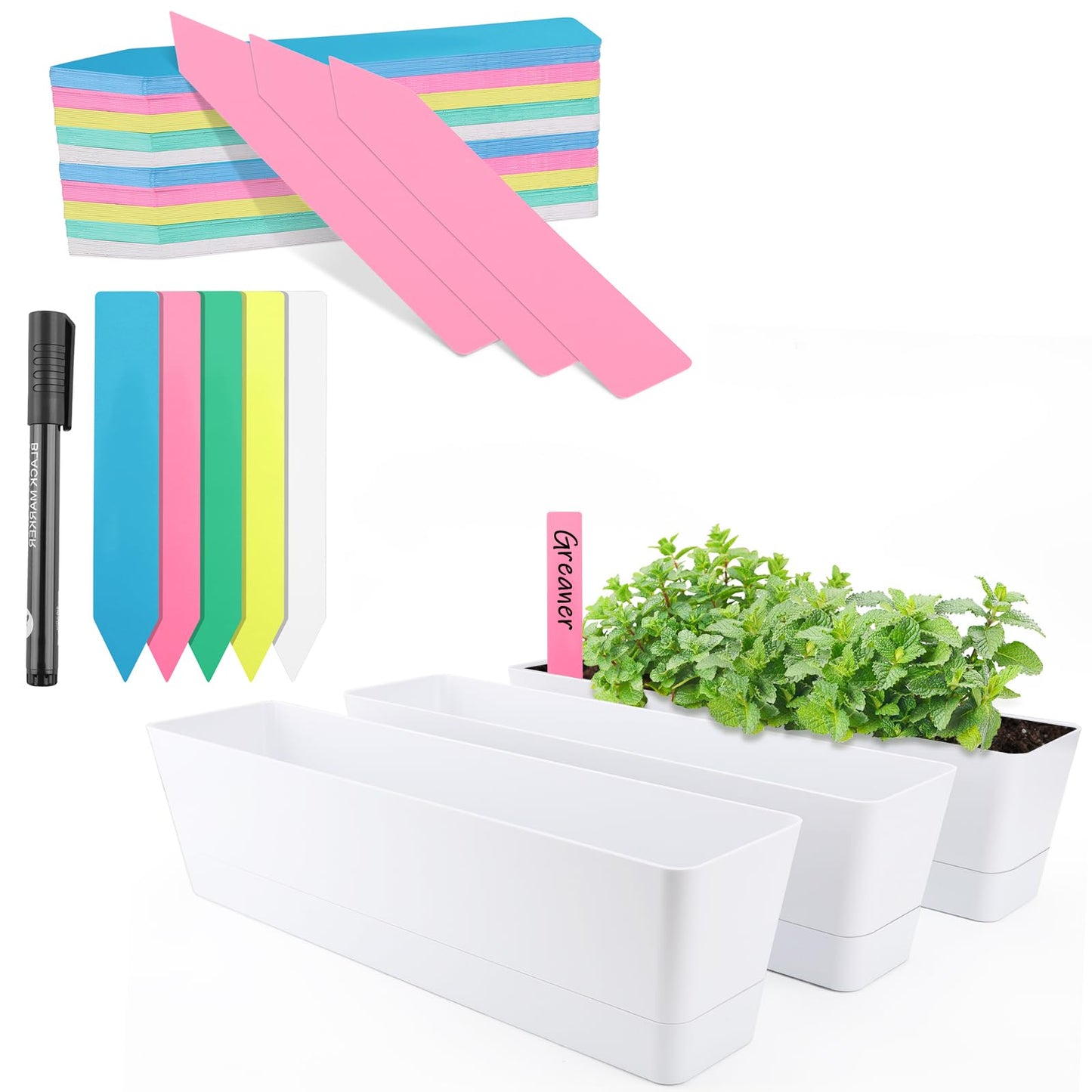 GREANER Window Boxes Planters with 100PCS 6inch Colorful Plant Label, 3PCS 16x3.8 Inch Large Herb Planters with Tray, Indoor Succulent Cactus Flowers Vegetable Plastic Rectangle Pots for Balcony, Offi