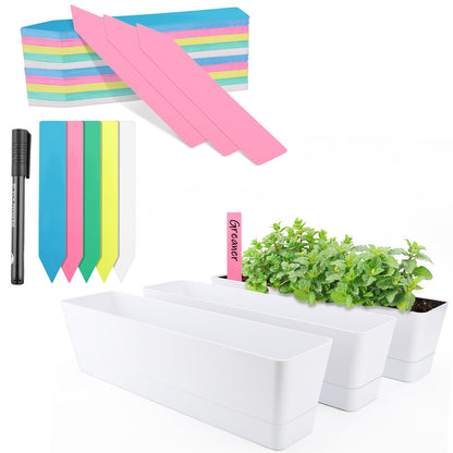 GREANER Window Boxes Planters with 100PCS 6inch Colorful Plant Label, 3PCS 16x3.8 Inch Large Herb Planters with Tray, Indoor Succulent Cactus Flowers Vegetable Plastic Rectangle Pots for Balcony, Offi