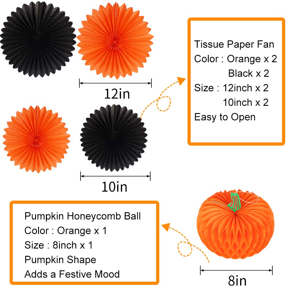 Halloween Party Decorations, Happy Halloween Banner Hanging Skeleton Jack-O'-Lantern Pumpkin Honeycomb for Birthday Party Home Decor Party Supplies Props (Orange, Black)