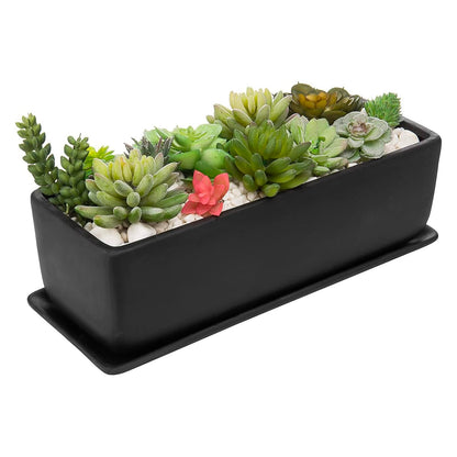 MyGift 14 Inch Ceramic Indoor Plant Pot, Rectangular Succulent Planter, Decorative Flower Planter with Drainage Hole and Removable Tray, Matte Black