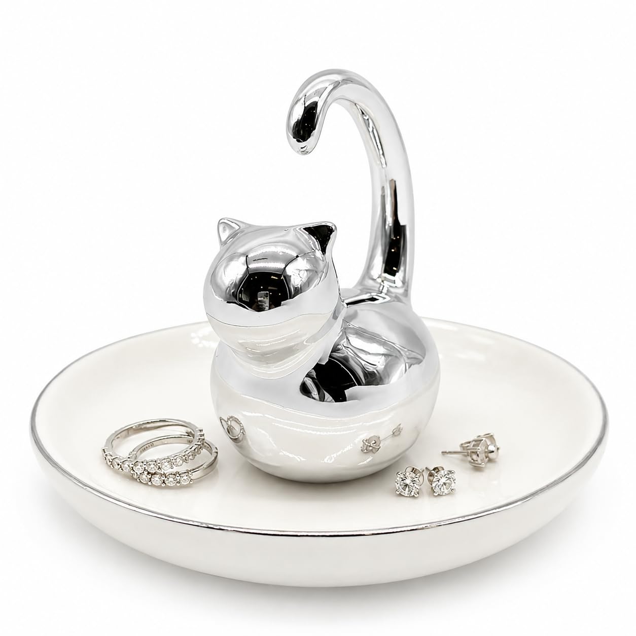 Cat Ring Holder Jewelry Dish–White & Silver Fat Cat Ceramic Trinket Tray,Birthday,Wedding,Graduation Gift for Women & Girls,Rings Earrings Necklaces Bracelets–Vanity,Nightstand,Dresser,Bathroom