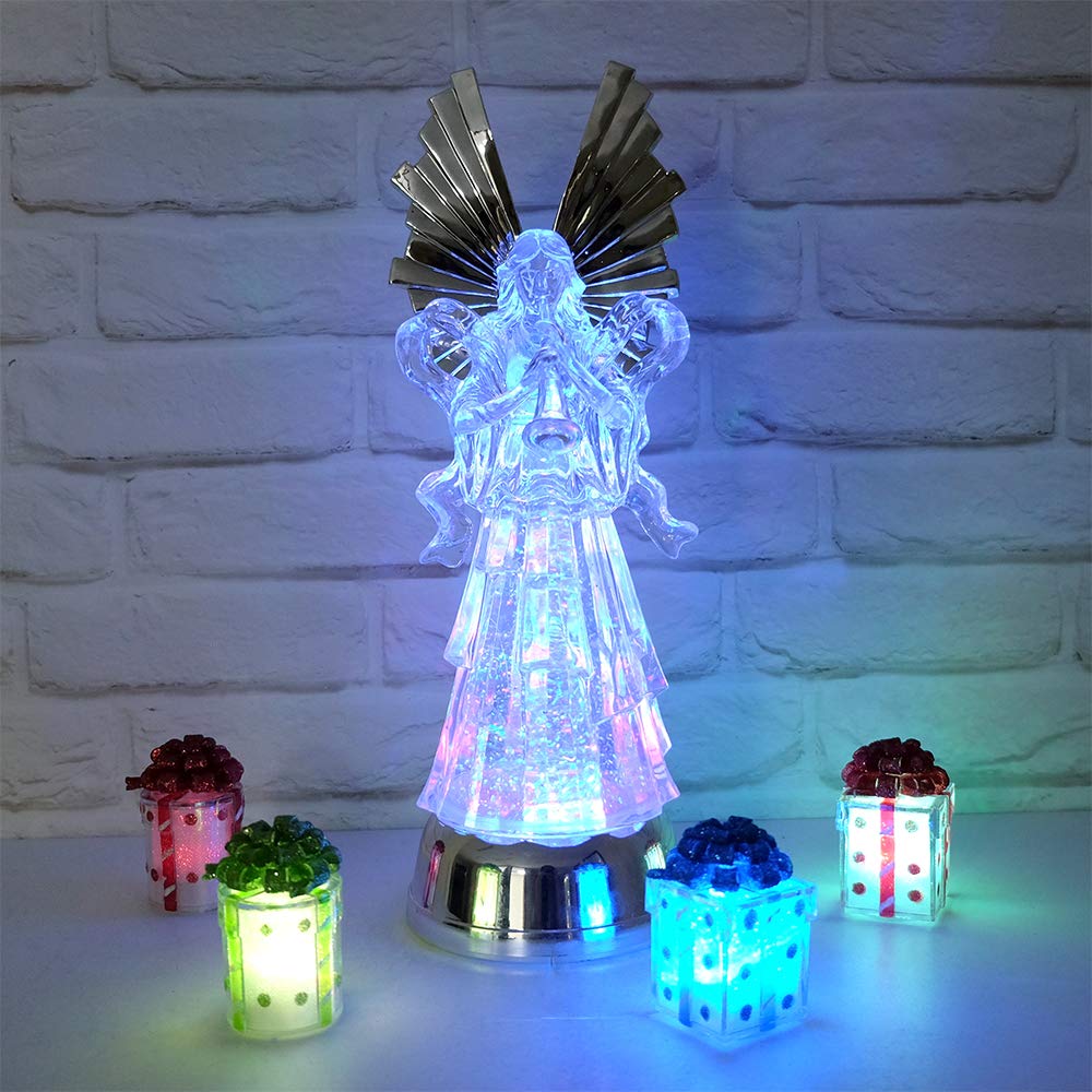 DRomance 14" Angel Snow Globe Lantern Battery Operated with 6 Hour Timer Color Changing LED Light Trumpet Angel Swirling Glitter Water Lamp Thanksgiving Christmas Holiday Decor Gift