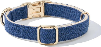 Luxury Soft Cotton Tweed Fabric Dog Collar & Leash Set with Gold Buckle – Durable Fabric, Stylish Design for Everyday Walks(Large Navy)