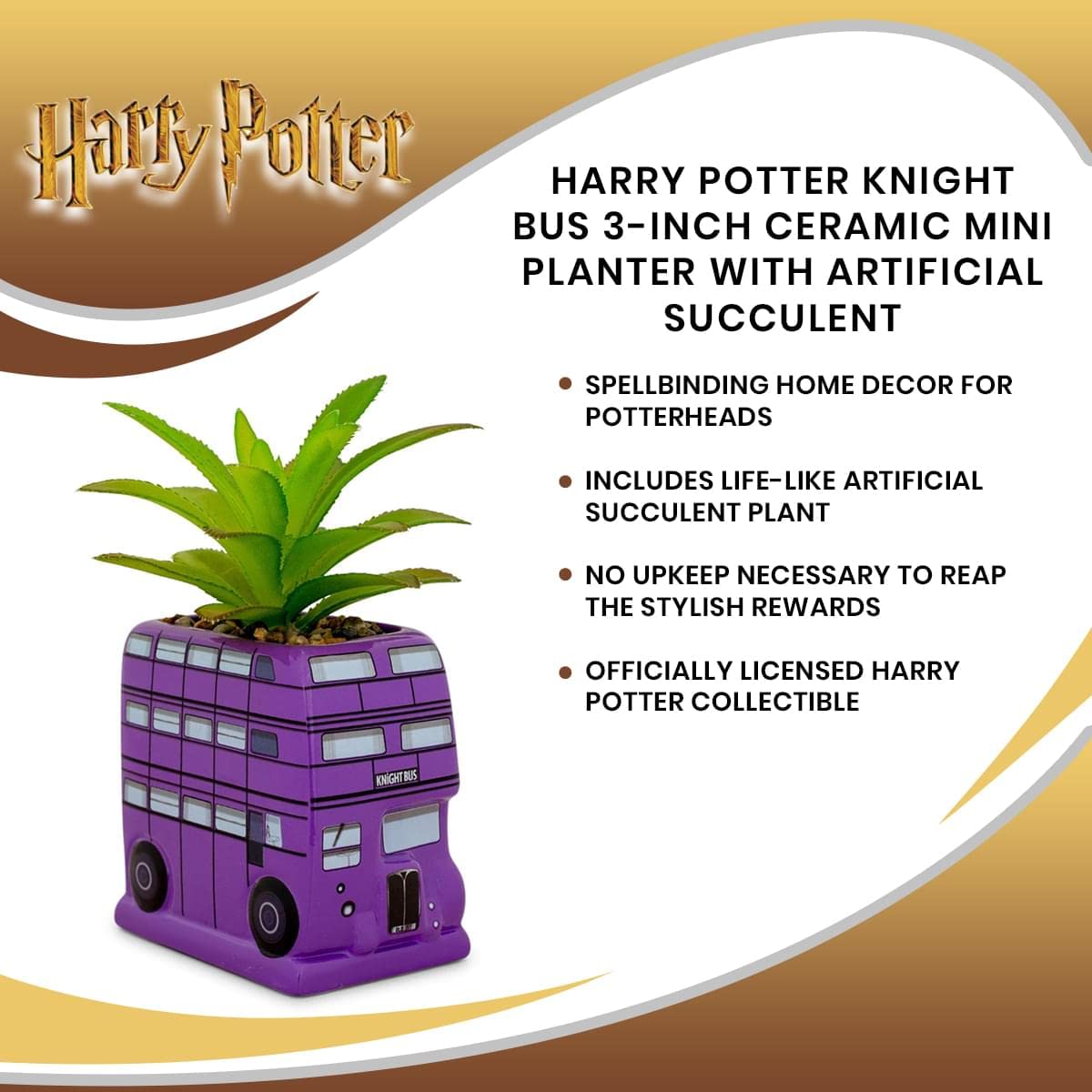Harry Potter Knight Bus 3-Inch Ceramic Planter With Artificial Succulent | Small Flower Pot, Faux Indoor Plant For Desk Shelf, Trinket Tray | Cute Home Decor, Wizarding World Gifts and Collectibles