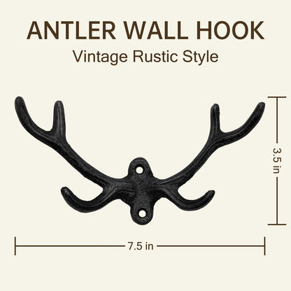 HERNGEE Cast Iron Antler Wall Hook – Black Rustic Deer Antlers Wall Hook, Heavy-Duty Coat & Key Hook for Entryway, Bathroom, or Bedroom, 1 Pack