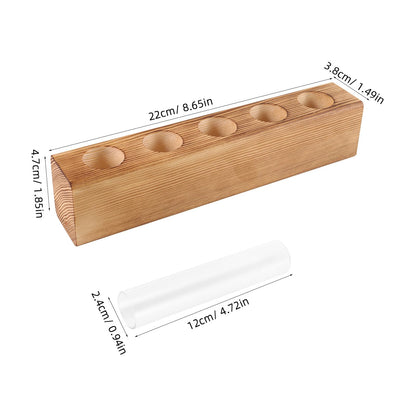 SEWACC Hydroponic Glass Planter Vase with 5-Hole Wooden Base, Plant Terrarium for Indoor Propagation and Home Office Décor, Glass Bud Vases for Desktop Hydroponics