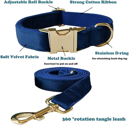Love Dream Velvet Dog Collar and Leash Set, Soft & Comfy Adjustable Dog Leash and Collar with Heavy Duty Metal Buckle for Small Medium Large Dogs Training & Walking (XLarge, Royal Blue)