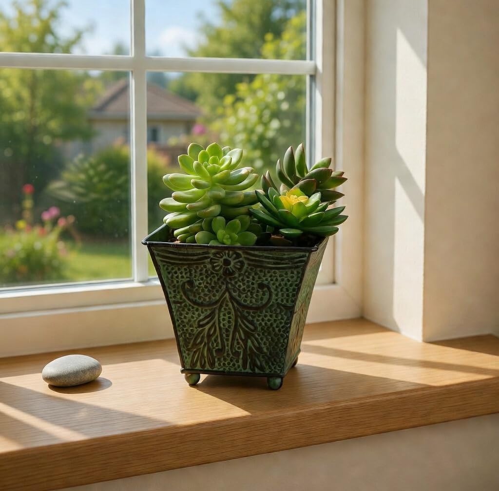 Hosley Set of 4 Green Patina Embossed Metal Planters with Ornate Floral Design, 5.25" L x 5.25" W x 5" H – Ideal for Floral Arrangements, Home Décor, Garden Accents, Rustic Weddings.