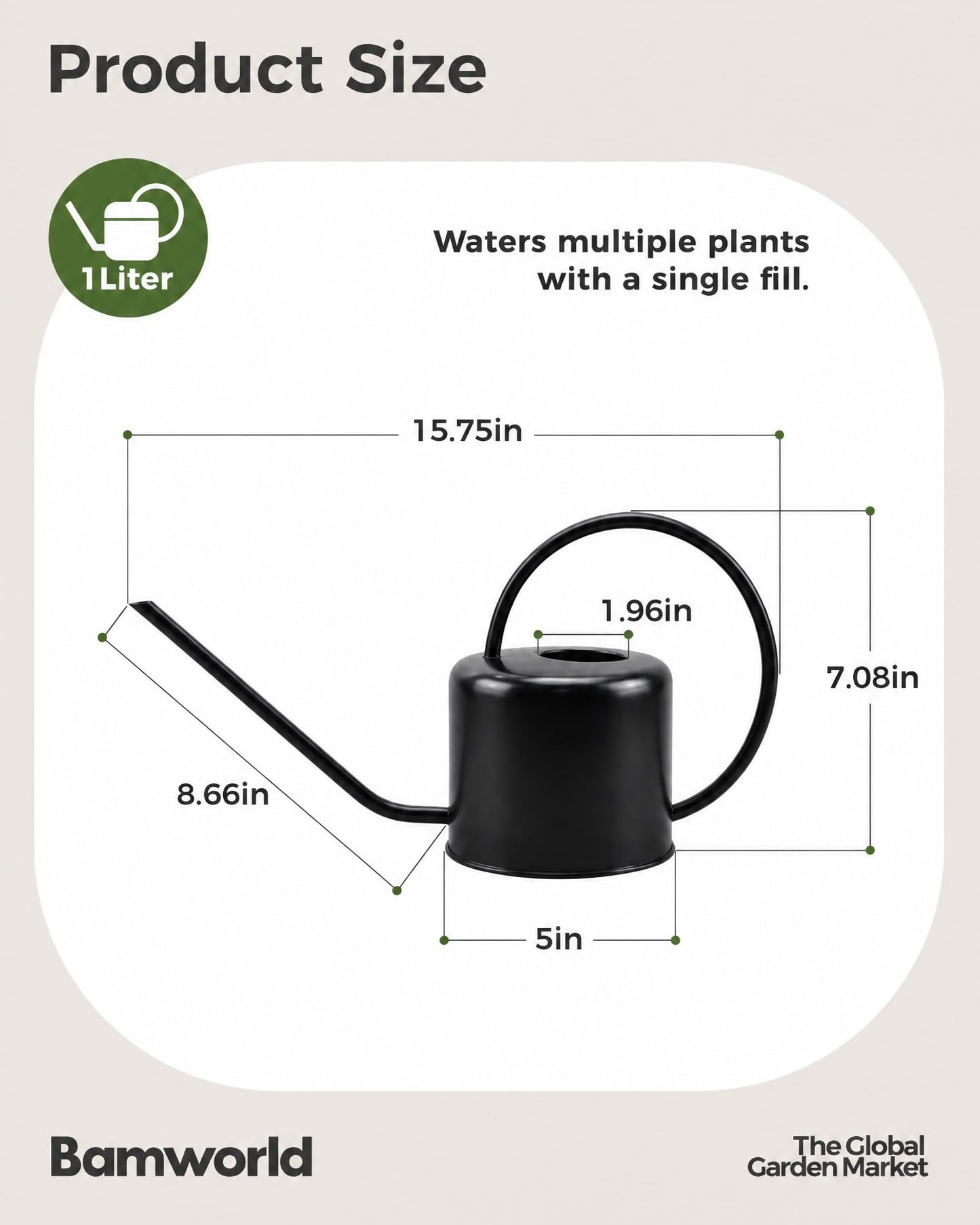 Bamworld Metal Watering Can Indoor Plants 1L 33oz Black Stainless Steel Watering Can with Long Spout for House Potted Plants Succulents Bonsai Garden Flowers