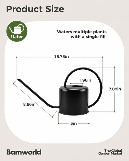 Bamworld Metal Watering Can Indoor Plants 1L 33oz Black Stainless Steel Watering Can with Long Spout for House Potted Plants Succulents Bonsai Garden Flowers