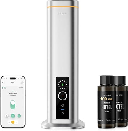 Airversa Waterless Diffuser, Smart Tower Diffuser with App Control, Cold Air Scent Diffuser Oil Machine for Homes Offices Hotels, 300mL Capacity, Up to1500 sq ft, DC-12V/1A Plug, RDX Silver Kit