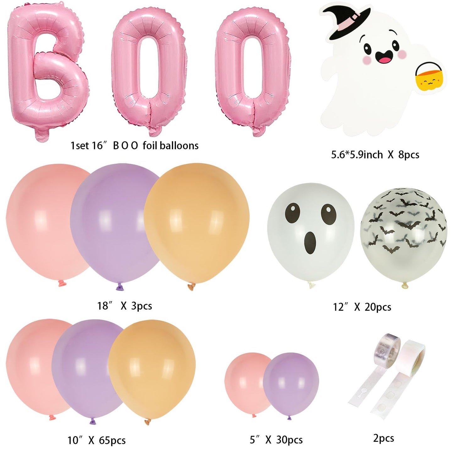 Halloween Balloon Arch Garland Kit Pink, 129pcs 18" 10" 5" Pink Purple Balloons with 3D Bat BOO Foil Balloons for Halloween Baby Shower Birthday Outdoor Indoor Decorations