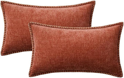 MIULEE Pack of 2 Fall Lumbar Throw Pillow Covers 12x20 Inch Burnt Orange Farmhouse Decorative Pillow Covers with Stitched Edge Soft Chenille Solid Dyed Pillow Covers for Couch Sofa Bed Living Room
