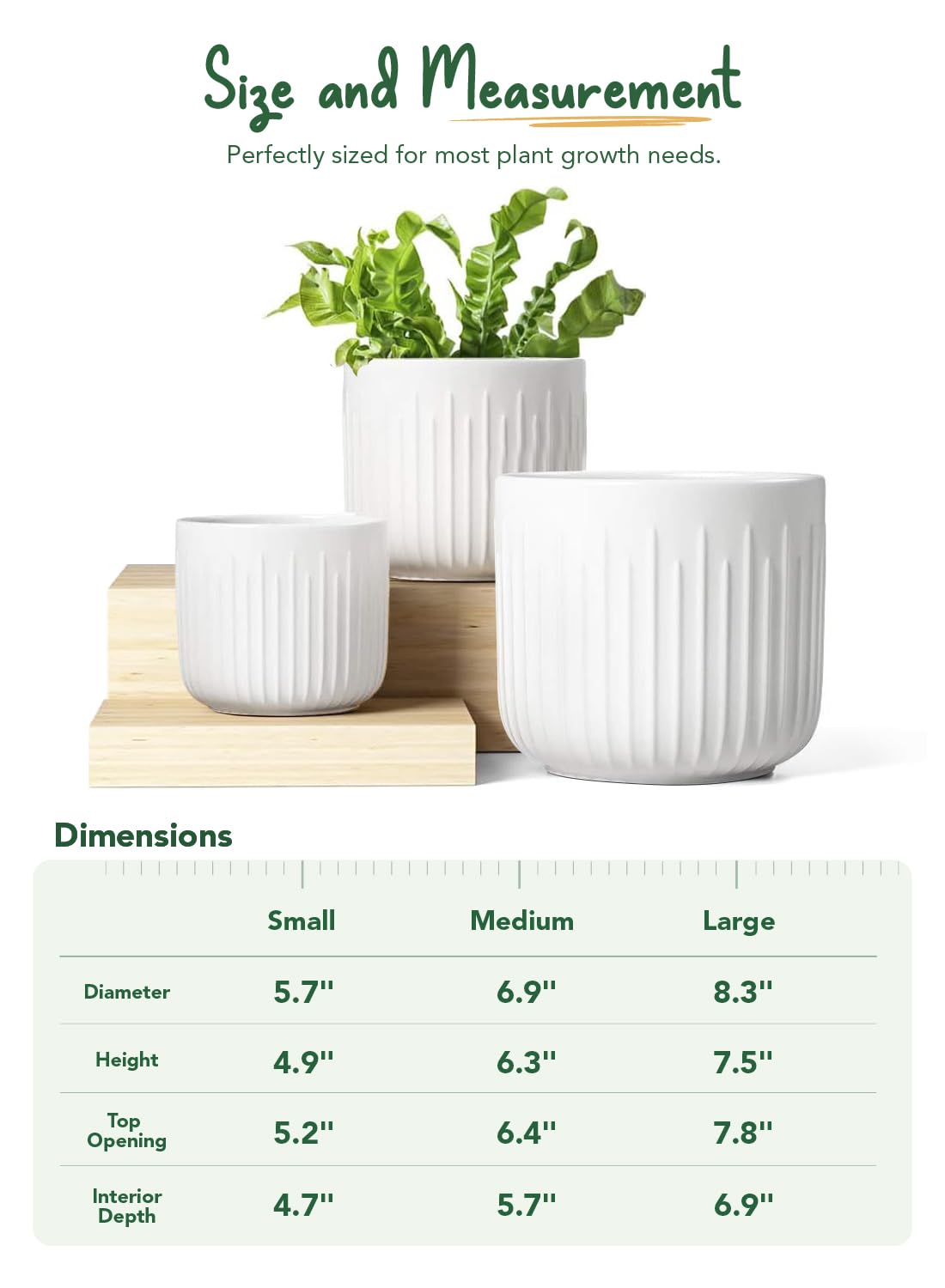 LE TAUCI Ceramic Planters, 8.3/7/6 Inch Indoor Pots for Plants with Drainage Holes & Mesh, Modern Matte Glaze Cylinder Fluted Plant Pot for Snake Plant, Set of 3, White